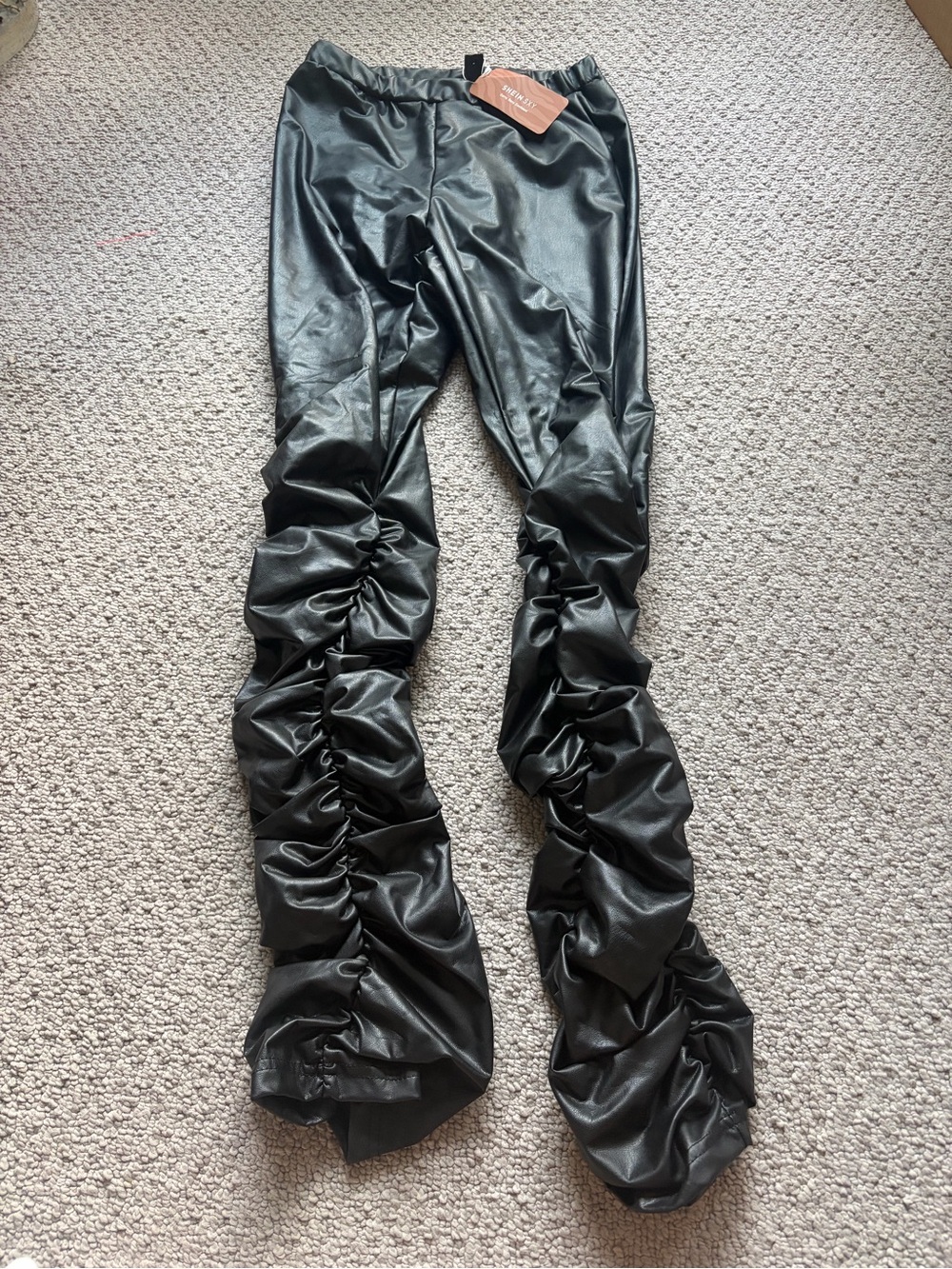 SHEIN Black Ruched Faux Leather Leggings